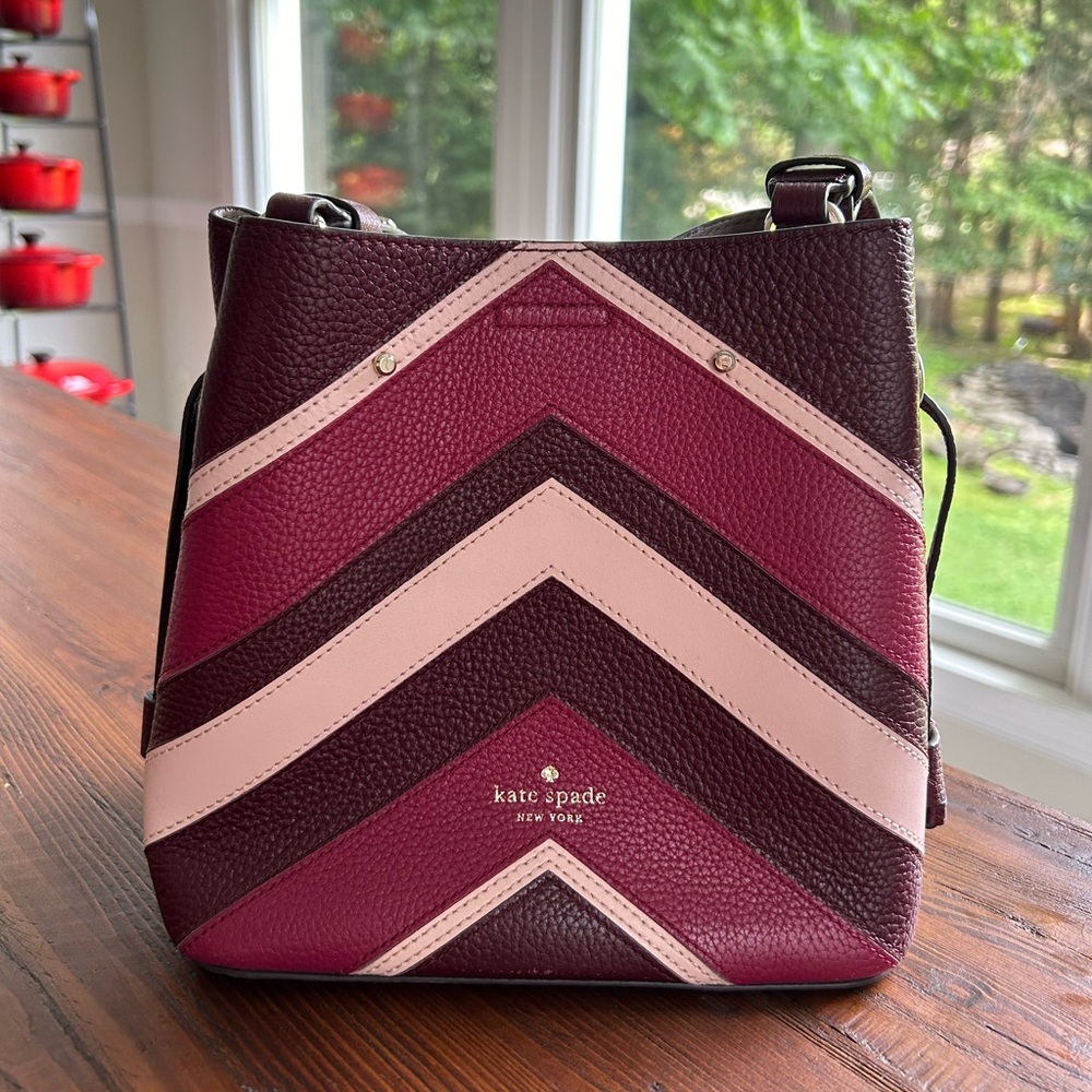 Kate Spade Marti Purse leather striped bucket bag Burgundy Pink